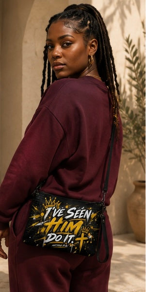 A woman wearing a matching burgundy sweatshirt and sweatpants, shown from the back and side, wearing a black crossbody bag with a yellow and white graphic that reads 'I'VE SEEN HIM DO IT'.