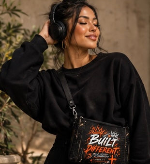 A woman wearing a black crewneck sweatshirt and black headphones, carrying a black crossbody bag with a colorful graphic that reads 'Built Different'.