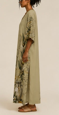 A woman modeling a long, loose kaftan dress in sage green with botanical and floral prints, shown from a side profile against a plain beige studio background.
