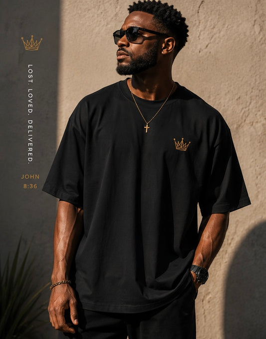 A man wearing a black oversized t-shirt with a small gold crown logo on the left chest, styled with sunglasses, a gold cross necklace, and a watch, standing against a textured beige wall.