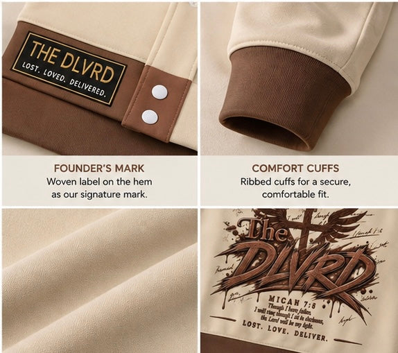 Cream hoodie hem label 'THE DLVRD' and brown ribbed cuffs