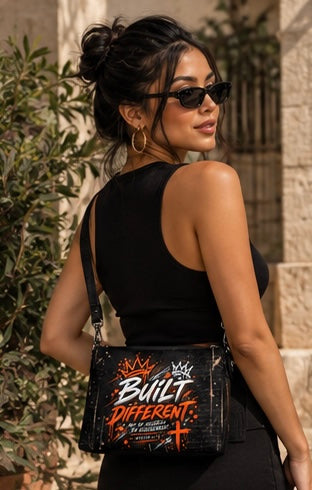 A woman wearing a black sleeveless top and sunglasses carries a black crossbody bag with a distressed finish and a graphic that reads 'BUILT DIFFERENT' in white and orange lettering with crowns.
