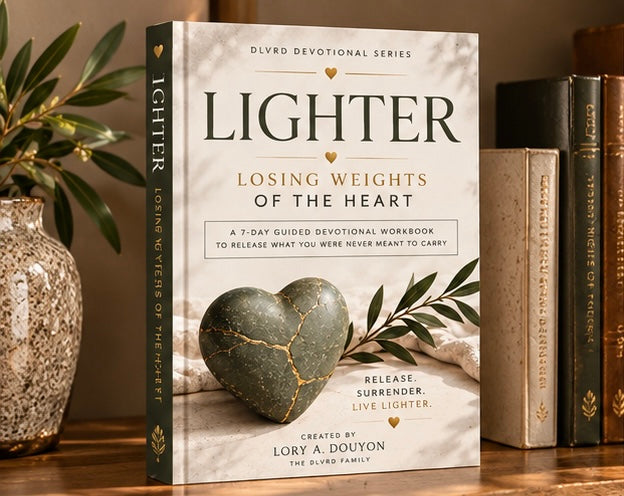 Devotional workbook standing upright with green heart cover and 'Lighter' lettering