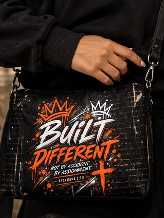 A black shoulder bag with a distressed graphic print featuring the words 'Built Different' in white and orange, along with two crowns and a cross. The bag is being worn by a person wearing a black sweatshirt.
