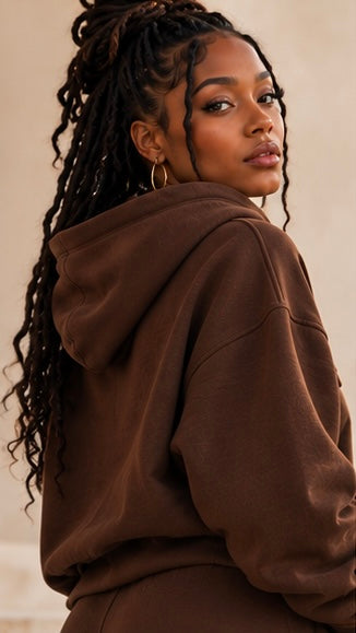Brown ABIDE hoodie with hood, side view, long sleeves