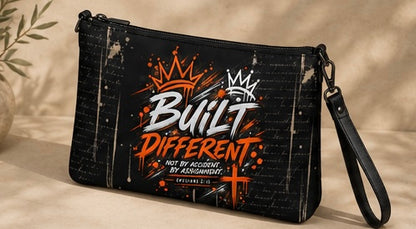A black wristlet clutch bag with a distressed graphic print featuring the words 'Built Different' in white and orange, flanked by two crowns, set against a warm beige background with soft shadows.