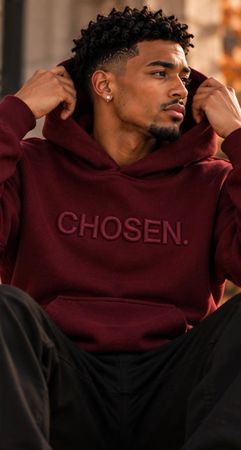 Maroon CHOSEN. hoodie with hood and CHOSEN. chest logo