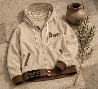 Cream zip-up hoodie jacket with hood, front logo, brown trim and hem label