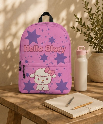 Kids backpack in purple with star pattern, Hello Glory text, and cartoon lamb front