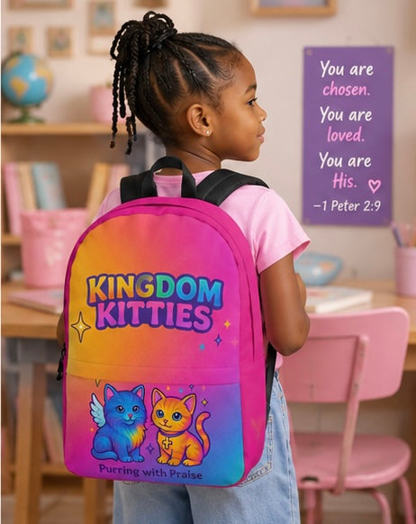 Kids backpack worn on child: KINGDOM KITTIES logo, cat graphic, and front pocket