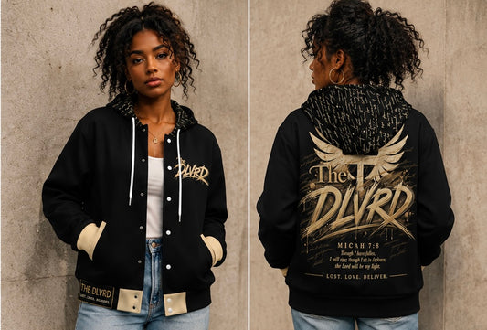 Black hooded jacket with gold logo graphic on front and large gold logo on back