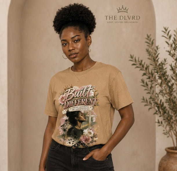 Tan women’s graphic tee with floral portrait print