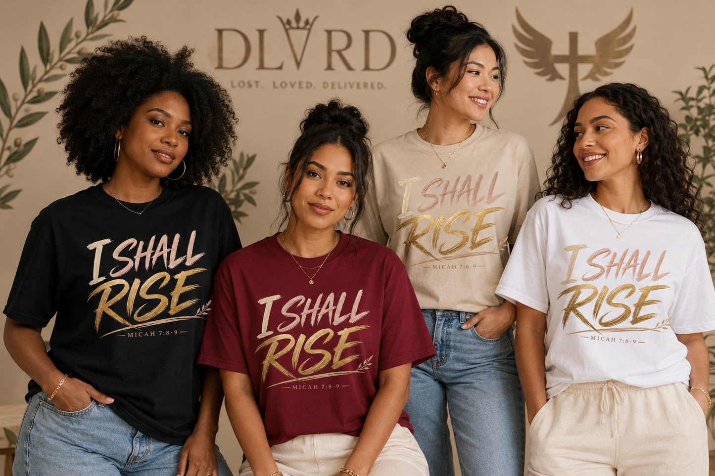Four women modeling matching graphic T-shirts with the text 'I SHALL RISE' in gold lettering. The shirts come in black, burgundy, heather beige, and white, with 'MILITARIAN' printed below.