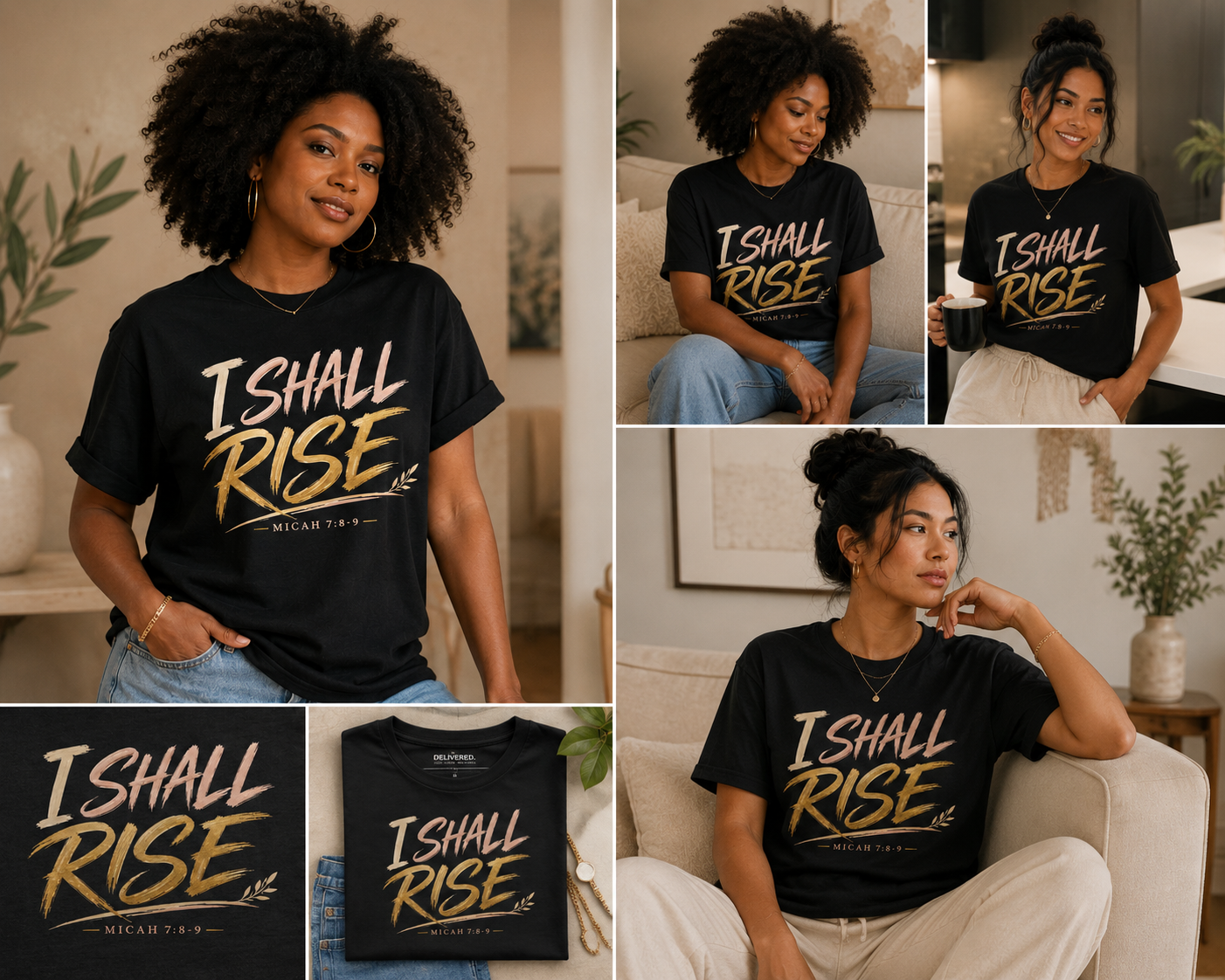 A collage showing a woman wearing a black graphic T-shirt with the phrase “I SHALL RISE” in large white and gold lettering, plus smaller inset views of the shirt laid flat and worn in different indoor settings.