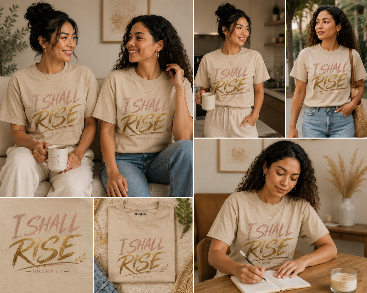 A collage of six lifestyle photos showing a woman wearing a beige graphic T-shirt with the words 'I SHALL RISE' in pink and gold lettering. The collage includes the model sitting with a mug, standing outdoors, writing in a notebook, and close-up views of the shirt graphic.