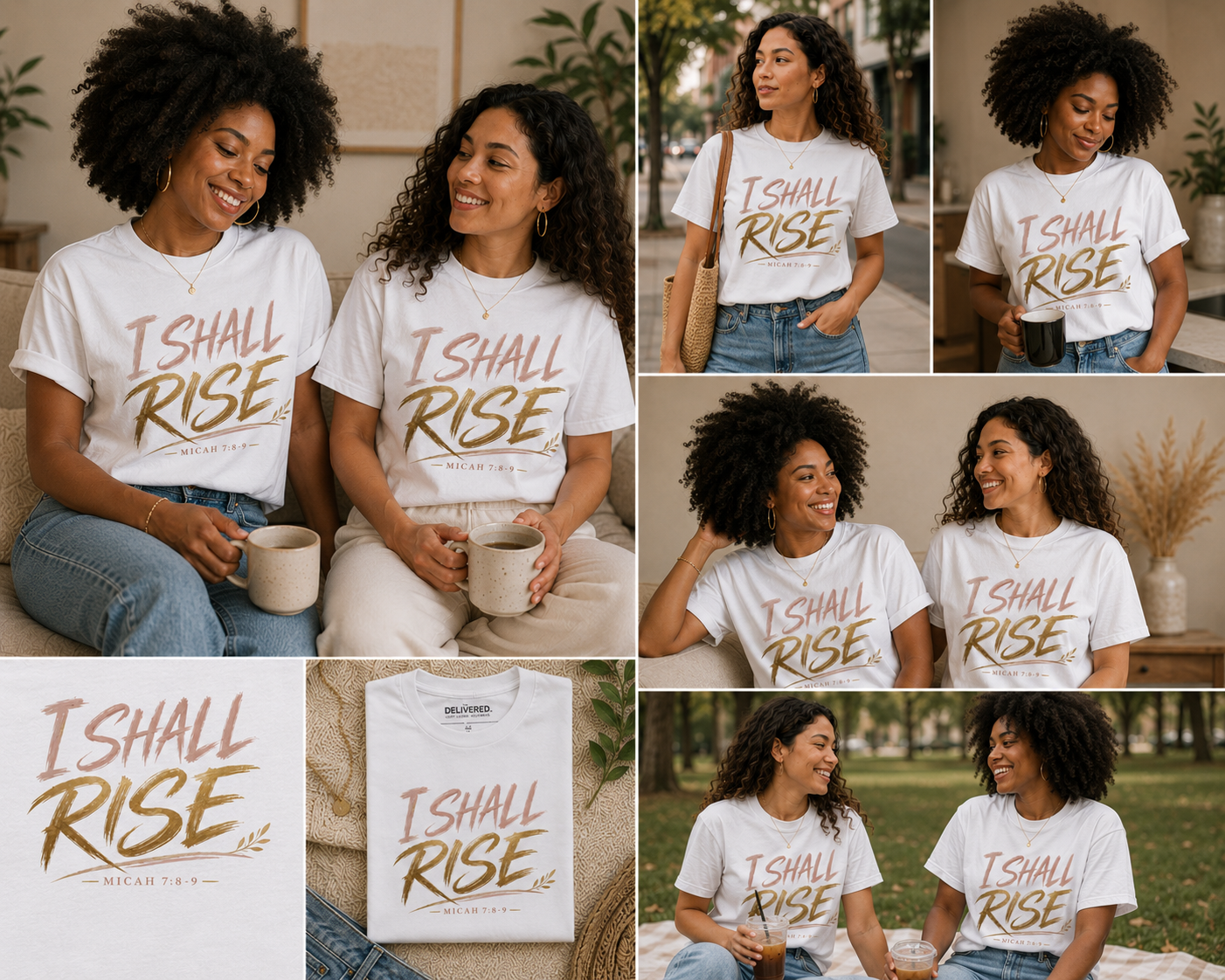 A collage of multiple photos showing a woman wearing a white graphic T-shirt with the text 'I SHALL RISE' in metallic gold lettering. The collage includes close-up views, full-body outdoor scenes, and a flat product view of the shirt on a white background.