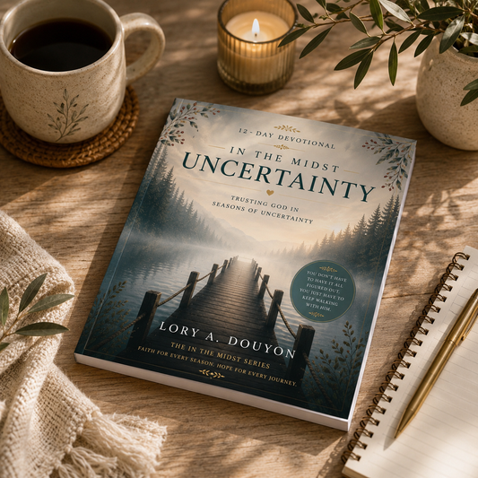 A book titled "In the Midst Uncertainty" by Lory A. Douyon lies on a wooden table surrounded by cozy props, including a mug of coffee, a lit candle, a notebook, and a pen.