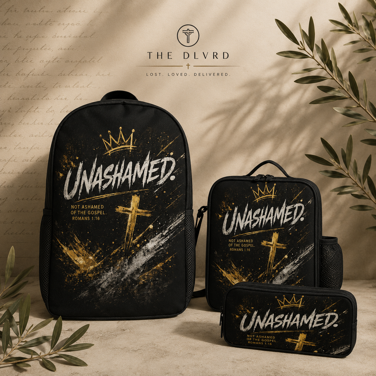 A coordinated black backpack, lunchbox, and zip pouch set with matching printed graphics. The set features the word "UNASHAMED.
