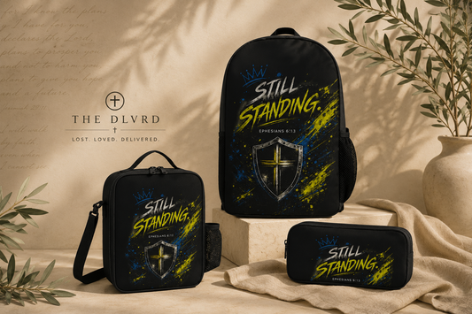 A coordinated black backpack, lunch bag, and zip pouch set with matching printed graphics. The bags feature the text 'STILL STANDING.