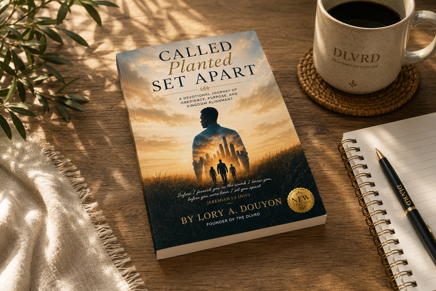 A book titled 'Called Planted Set Apart' by Lory A. Douyon is displayed on a wooden desk next to a coffee mug, a notebook, and a pen, with warm sunlight casting leaf shadows across the scene.