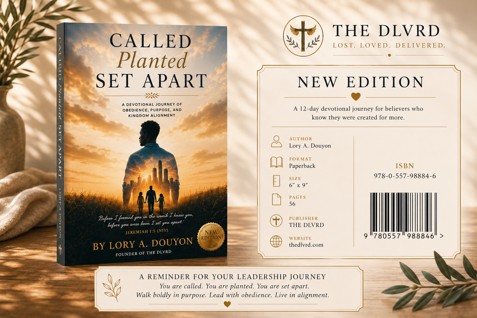 Book cover and back cover for 'Called Planted Set Apart' by Lory A. Douyon, shown on a warm beige background with decorative olive branches and a cream label reading 'The Divrd New Edition.