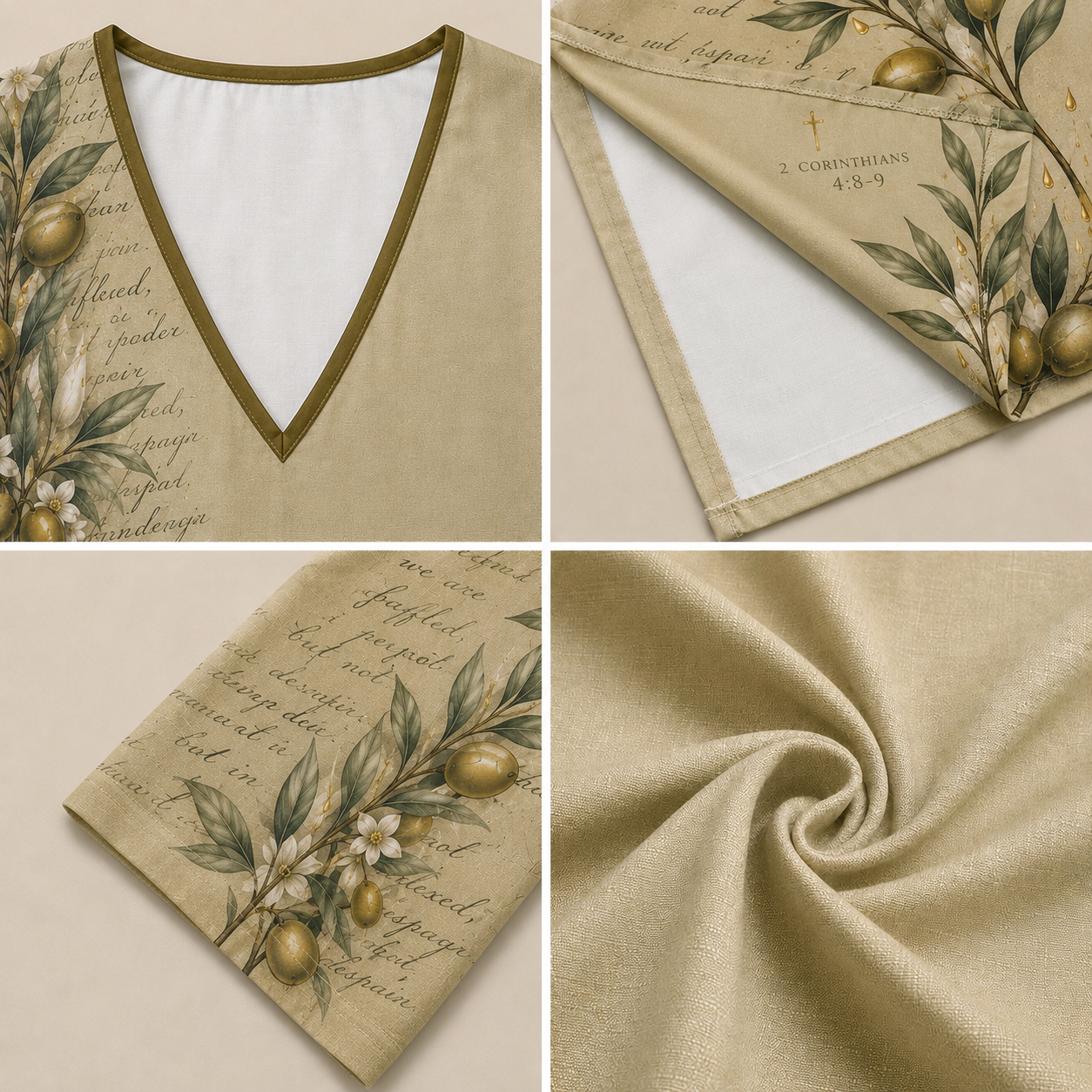 A beige linen-like garment or textile shown in a four-panel collage: close-up of a V-neck with olive-green trim, folded corner revealing white lining, printed botanical and script pattern detail, and a fabric swatch showing the soft woven texture.