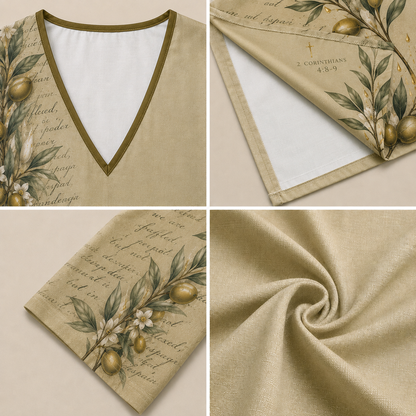 A beige linen-like garment or textile shown in a four-panel collage: close-up of a V-neck with olive-green trim, folded corner revealing white lining, printed botanical and script pattern detail, and a fabric swatch showing the soft woven texture.