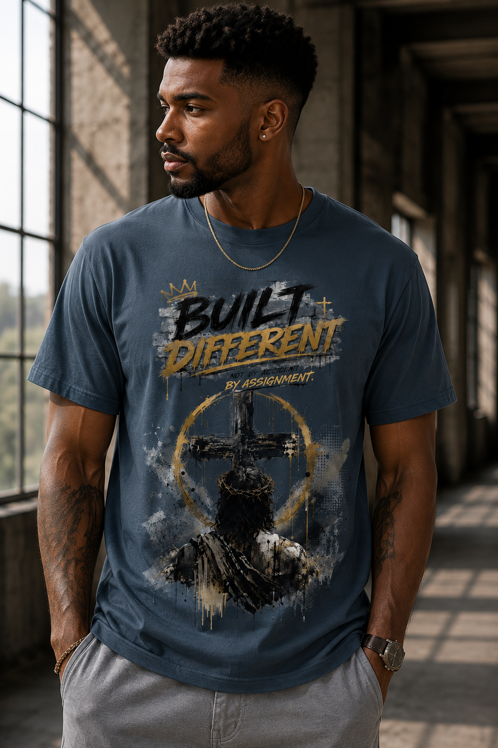 A man wearing a slate blue graphic t-shirt with a 'Built Different by Assignment' design featuring a cross and halo, standing in a dimly lit industrial corridor.
