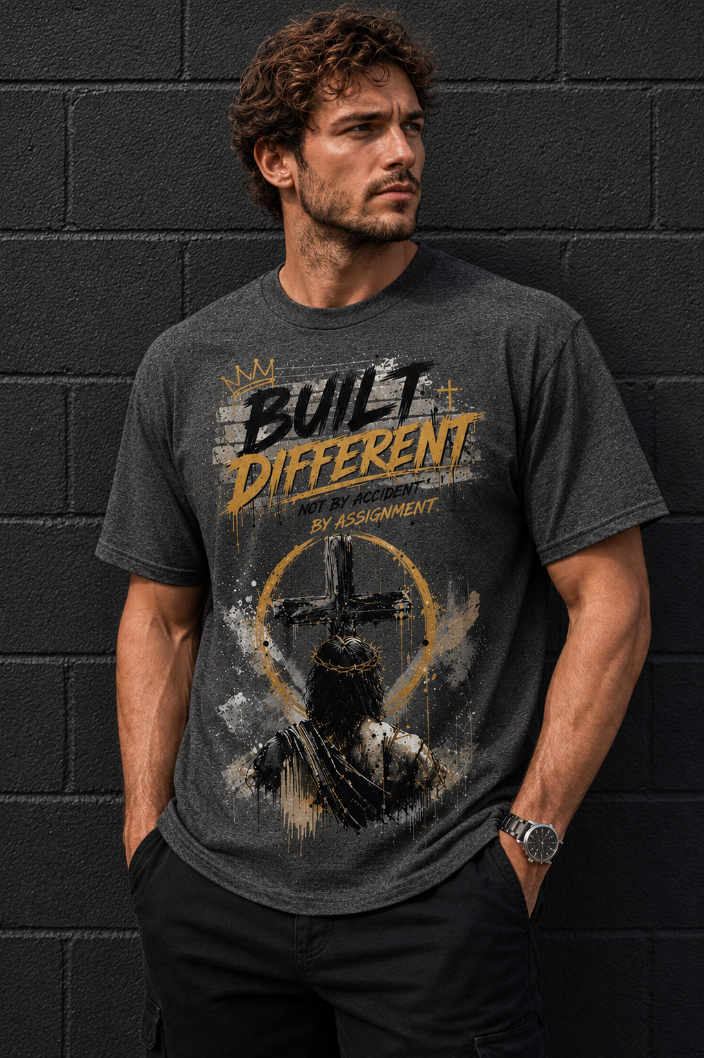 A man wearing a dark gray graphic t-shirt with a religious design and the text 'BUILT DIFFERENT BY ASSIGNMENT', standing against a dark gray brick wall.