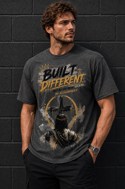 A man wearing a dark gray graphic t-shirt with a religious design and the text 'BUILT DIFFERENT BY ASSIGNMENT', standing against a dark gray brick wall.