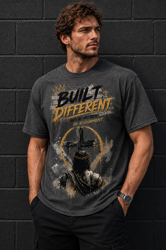 A man wearing a dark gray graphic t-shirt with a religious design and the text 'BUILT DIFFERENT BY ASSIGNMENT', standing against a dark gray brick wall.