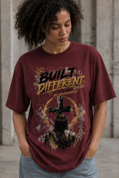 A woman wearing a maroon graphic t-shirt with a distressed design that reads 'BUILT DIFFERENT BY ASSIGNMENT' and features a cross and figure graphic, paired with light blue jeans.