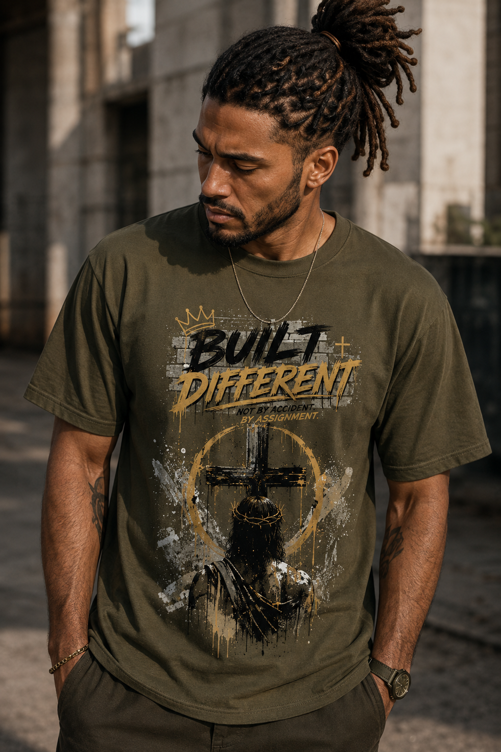 Olive adult graphic T-shirt with gold and black skull-style chest print