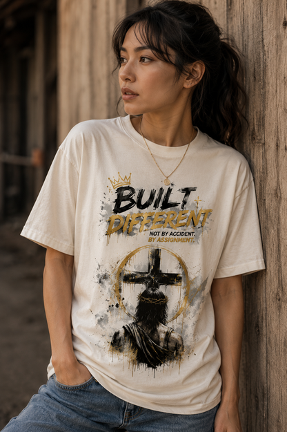 Cream adult graphic T-shirt with gold and black chest illustration