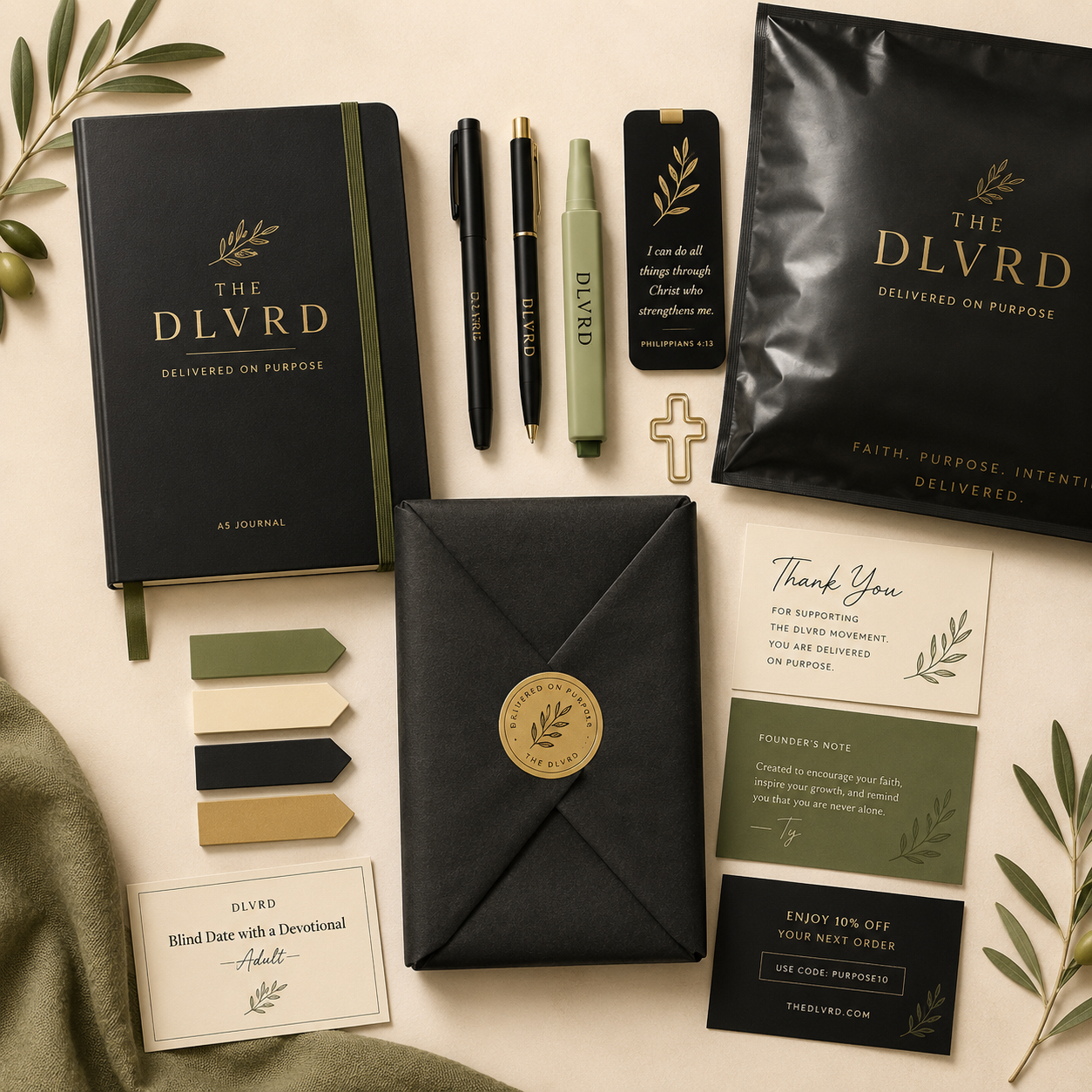 Black devotional journal set with gold DLVRD cover, pens, envelope, and cards.