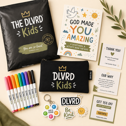 Kids devotional activity set with black pouch, colored pencils, keychain and cards