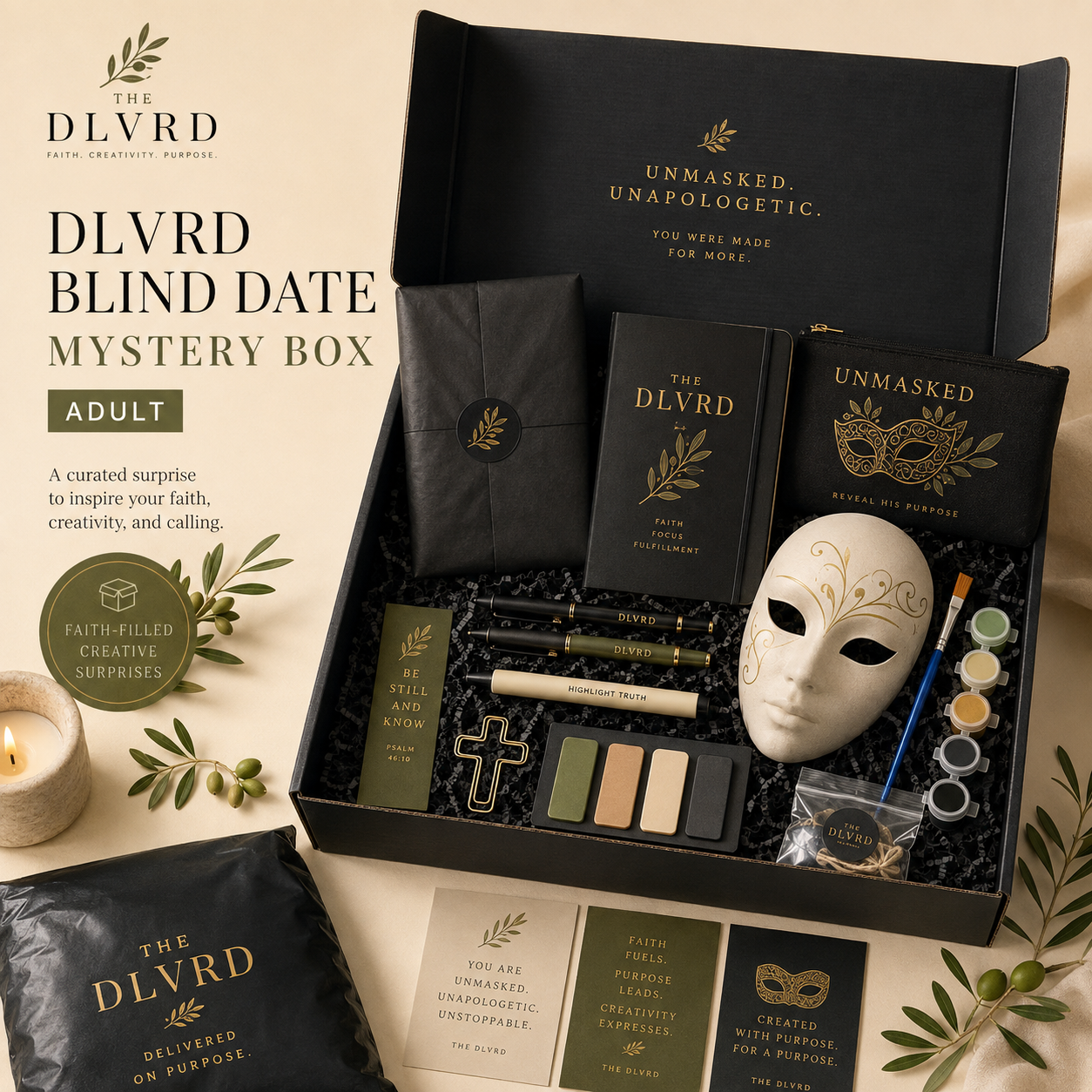 Adult faith mystery box with face mask, cards, candles, and booklets in open box