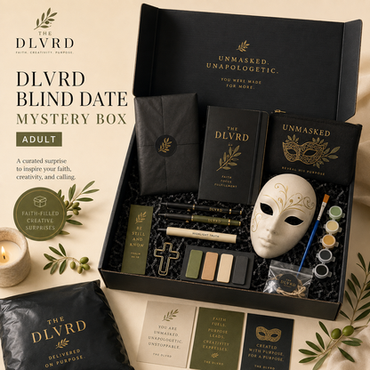 Adult faith mystery box with face mask, cards, candles, and booklets in open box