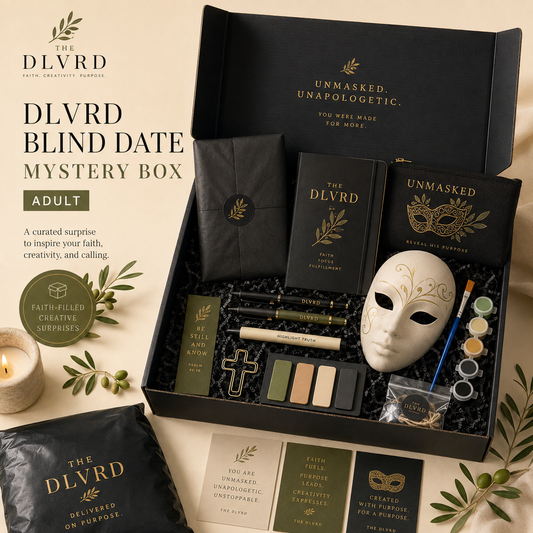 Adult faith mystery box with face mask, cards, candles, and booklets in open box