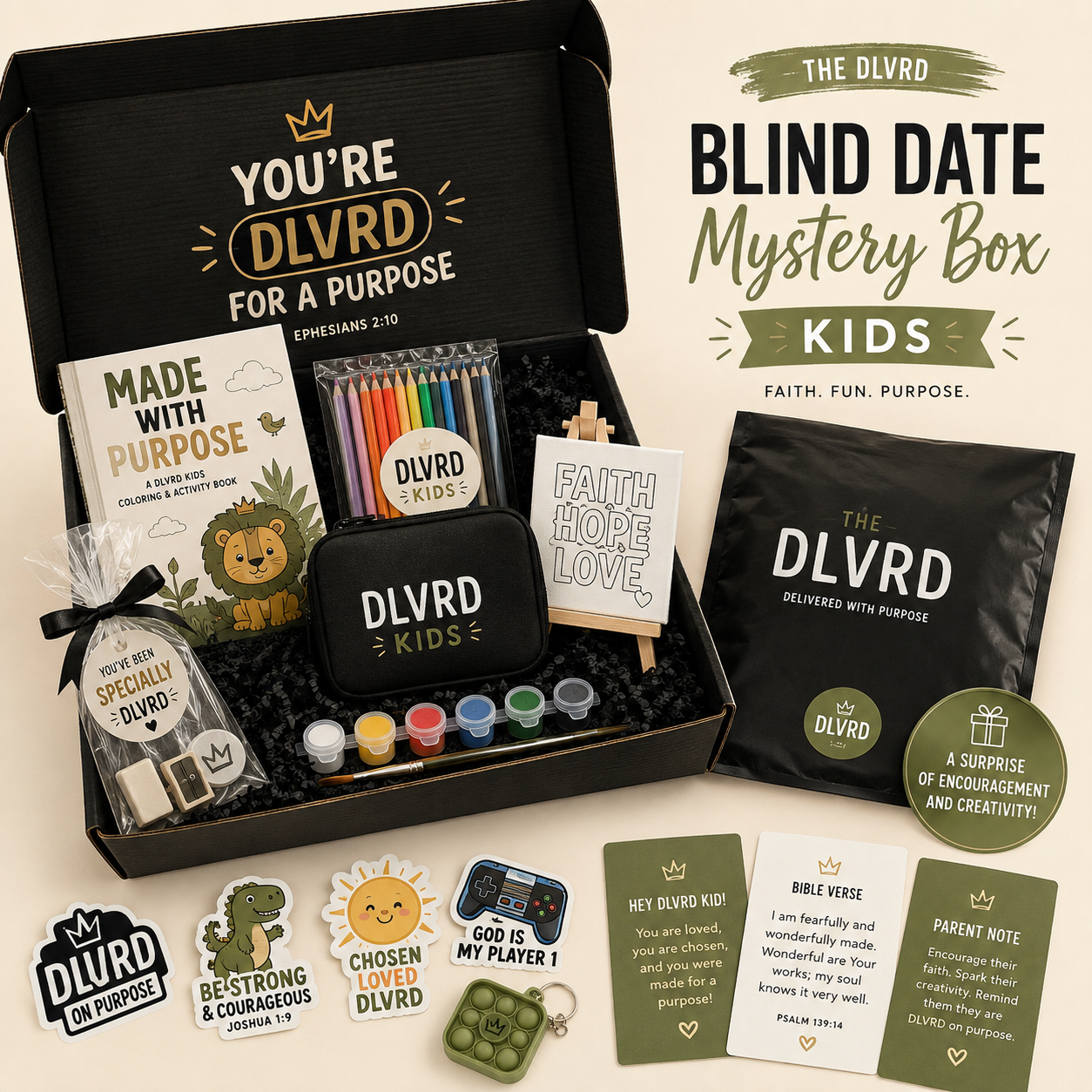 Kids mystery box set with DLVRD cards, paint supplies, and mini activity items in open box