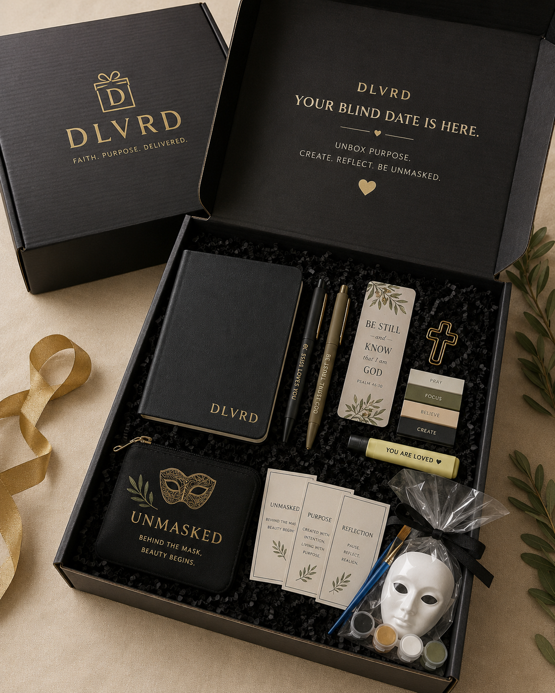 Adult faith mystery box with DLVRD pouches, cards, pens, and face mask in open tray