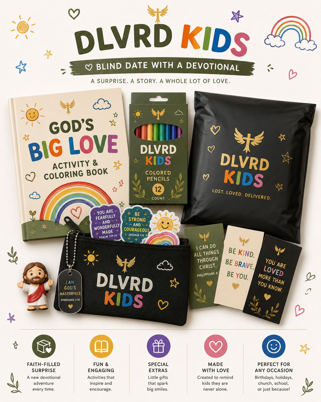 Kids devotional set with God’s Big Love coloring book, pencils, pouches and devotion cards