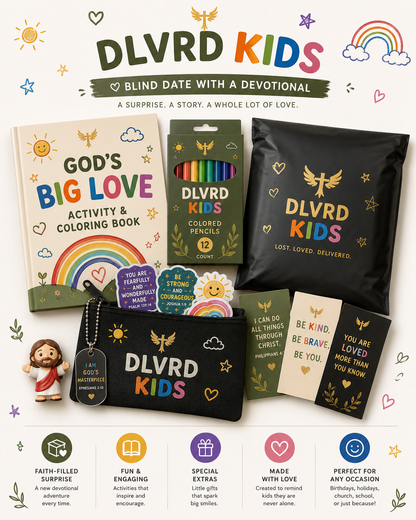Kids devotional set with God’s Big Love coloring book, pencils, pouches and devotion cards