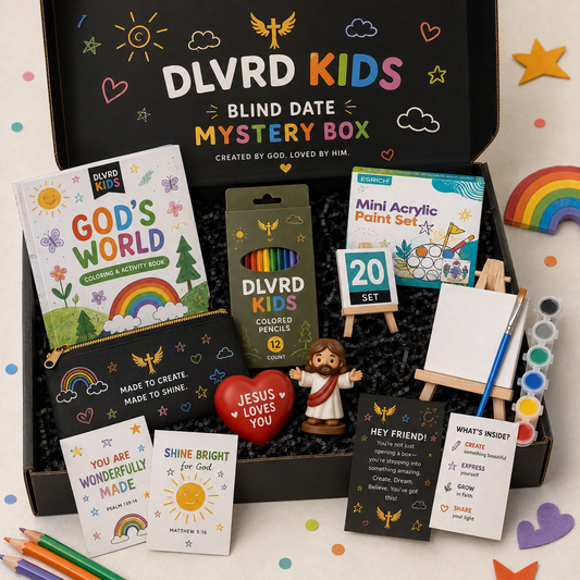 DLVRD Kids Blind Date Mystery Box with colorful cover graphics and gift-style contents