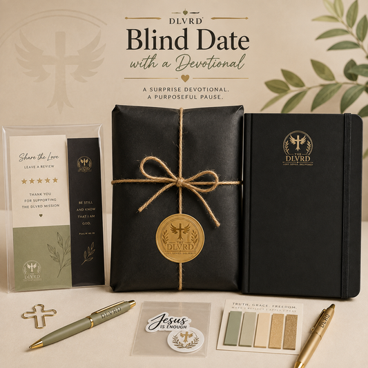Christian devotional gift set with black book, medal tag, and pen and card accents