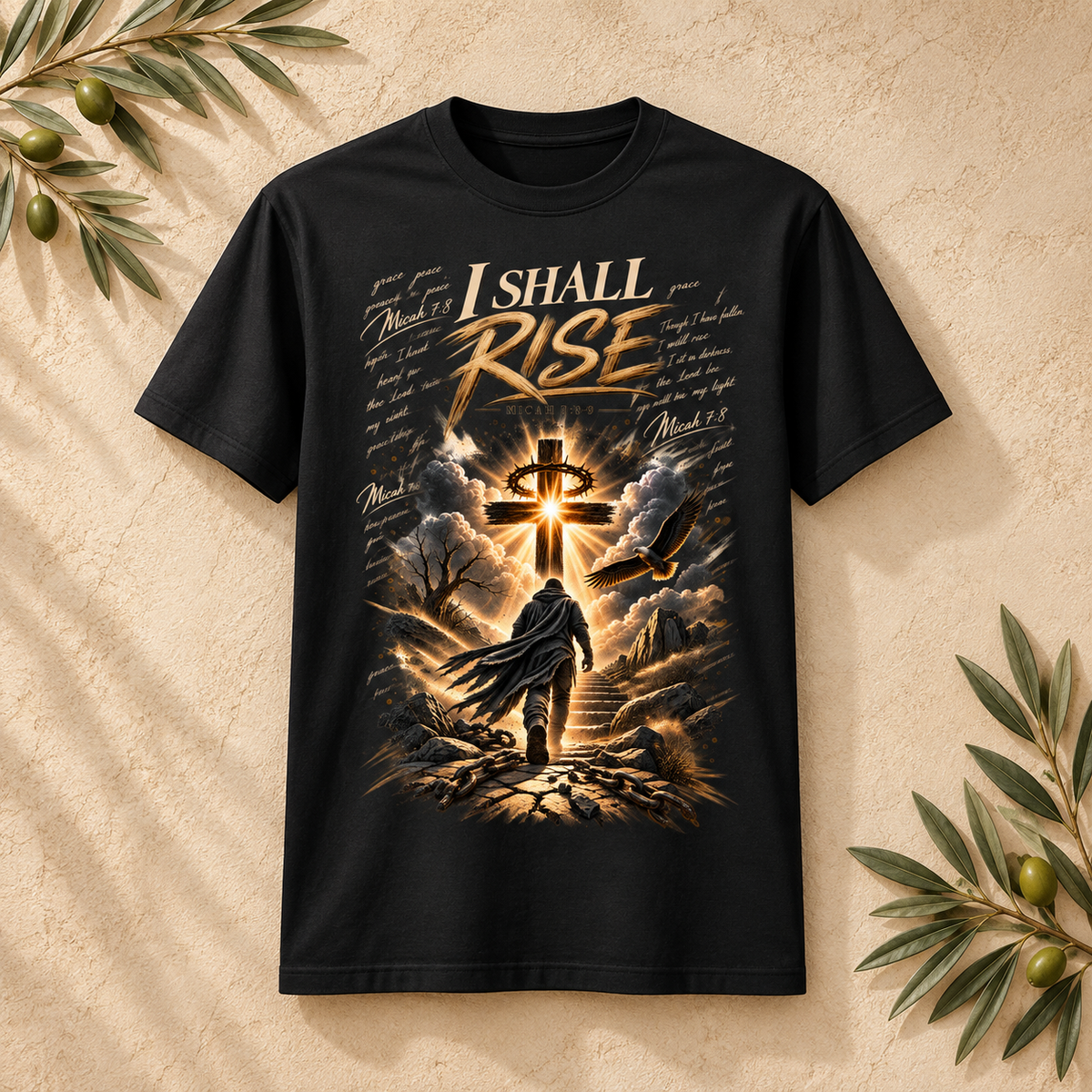 Black graphic T-shirt with 'I SHALL RISE' cross and dove scene