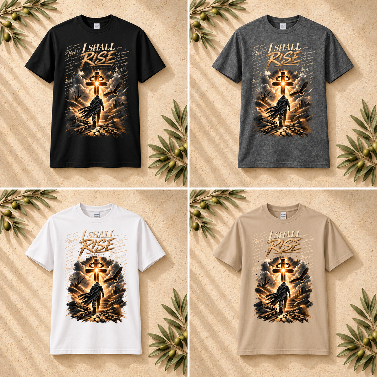 Four graphic T-shirts in black, dark gray, white, and sand with 'I SHALL RISE' art