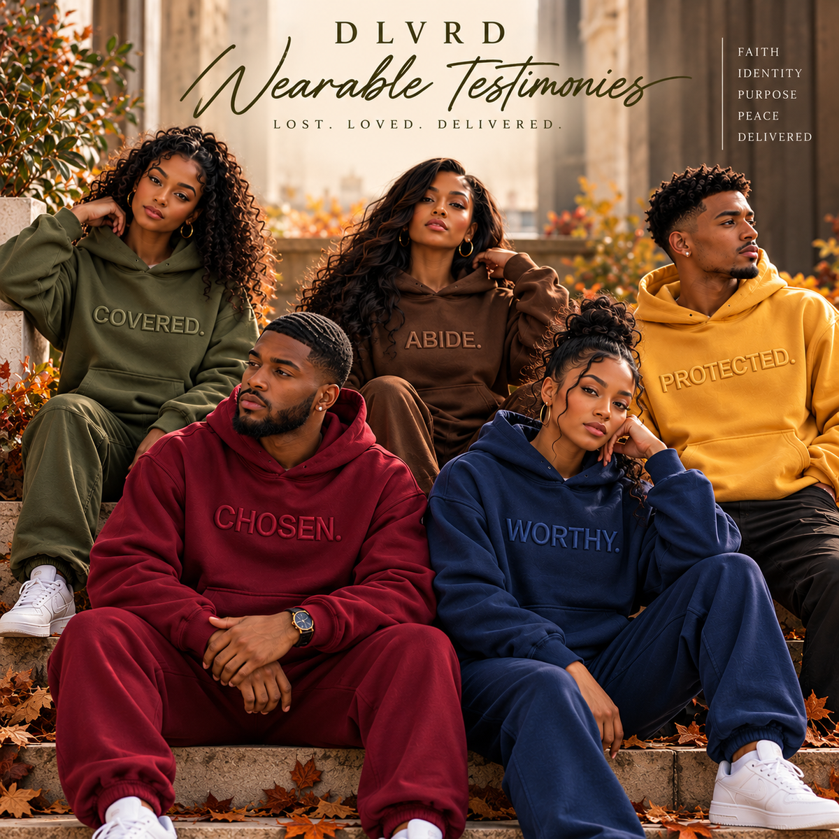 Five models wearing matching embroidered hoodie and sweatpants sets in olive green, brown, burgundy, navy blue, and mustard yellow, posed together on outdoor stone steps with autumn leaves.