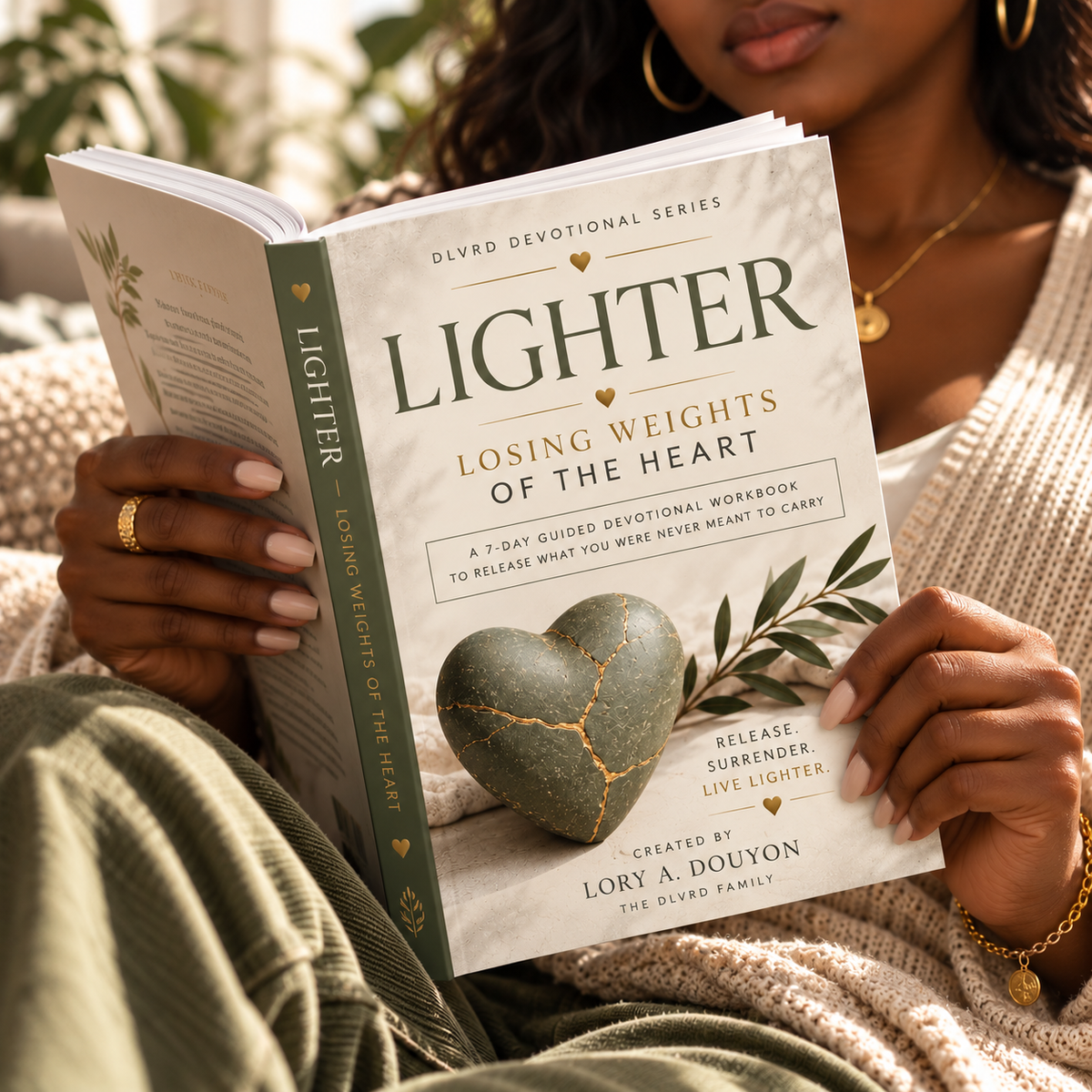 Devotional workbook with green heart cover, 'Lighter' title and weight of the heart prompts