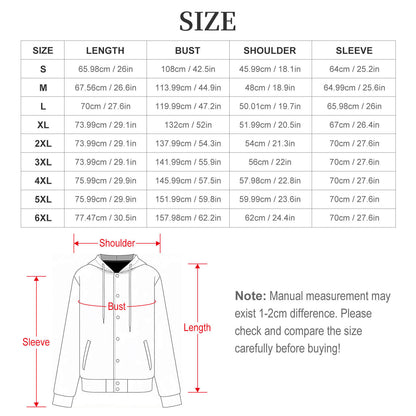 Size chart diagram with jacket measurements for hooded baseball jacket